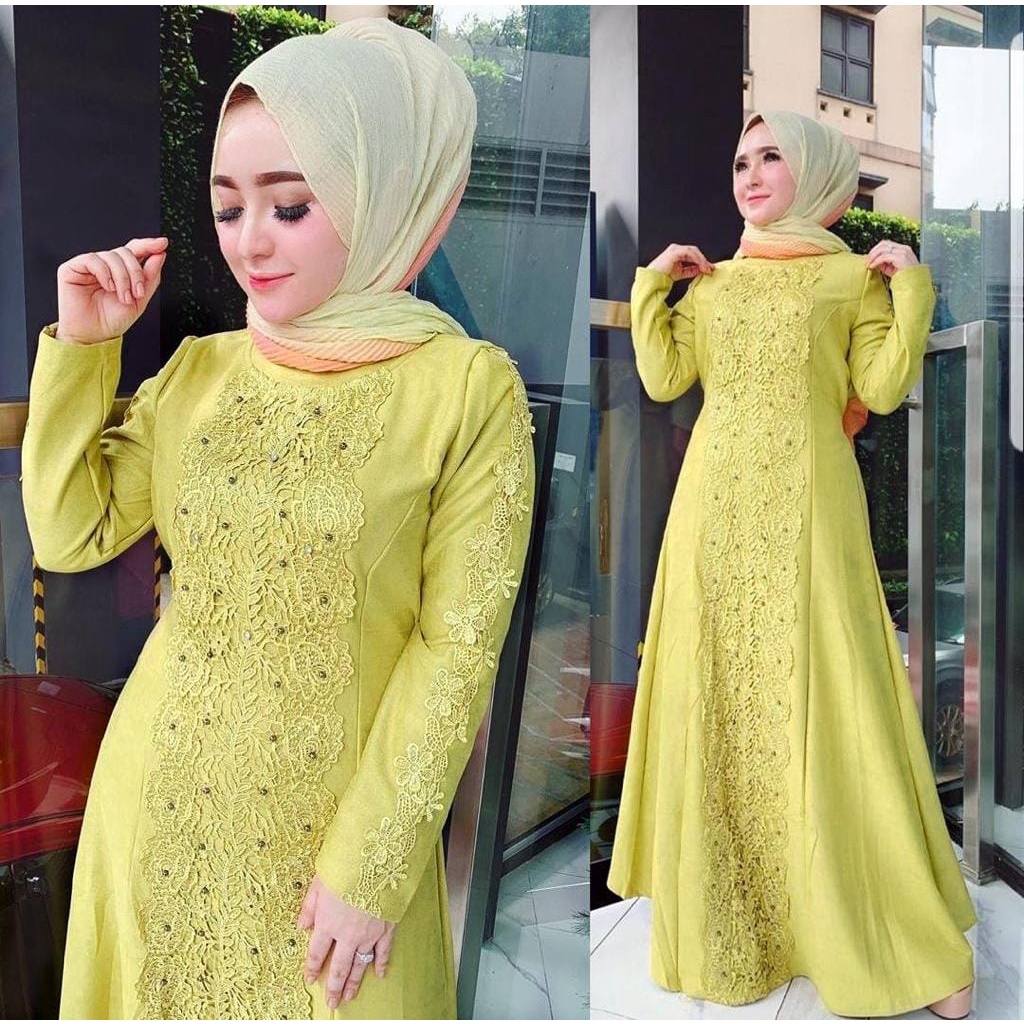 XC - Dress Brokat Linken / Dress Maxi Jumken / Fashion Muslim Model Brukat Idul Fitri-Lime