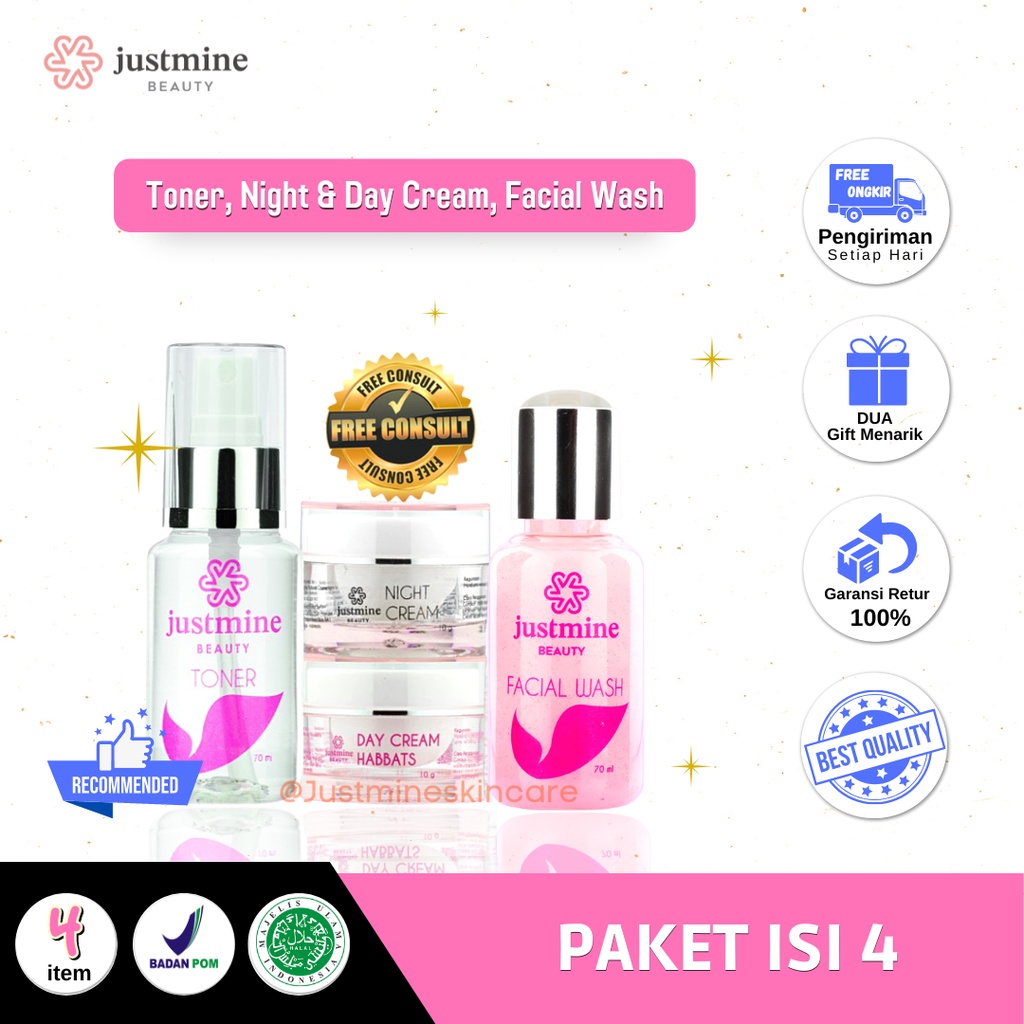 Paket Reguler isi 4 Justmine Beauty Skincare Glowing Acne Jelly Remove Spots Acne More Original BPOM | Paket Cream Wajah