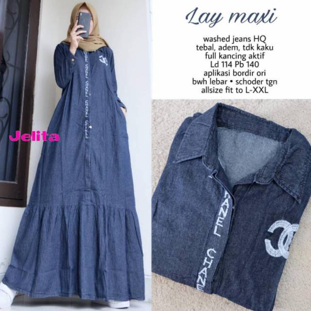 [Fanny_allshop] gamis LAY MAXI jeans washed bordir chanel ori LD 114 pjg 140 bwh mayung fit to m-xxl