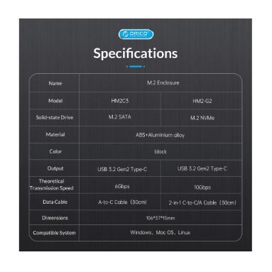 Ssd m2 enclosure orico Nvme usb3.1 type-c 10Gbps up 4tb 2280 hm2-g2 - casing m.2 m-key nvm external hm2g2