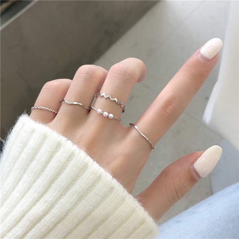 COD❤️ 5 pcs Cincin Set Fashion Aksen Berlian Imitasi Mutiara Untuk Wanita-A.one-silver