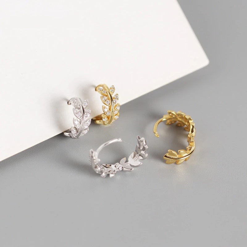 [Women Vintage Geometric Crystal Leaf Hoops Stud Earrings] [Ladies Elegant Rhinestone Studs Earrings] [Korean INS Simple Style Bridal Wedding Party Ear Jewelry]