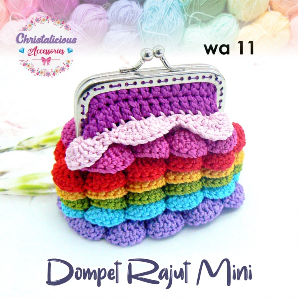 Dompet Rajut Pelangi, Dompet Rajutan, Dompet Koin dengan aksen pelangi, dompet behel untuk koin
