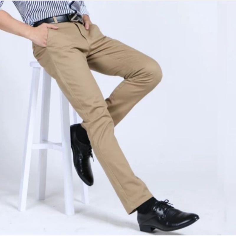 Celana Chinos Panjang Pria Bahan Katun Stretch Tebal Selvedge Chino kantoran