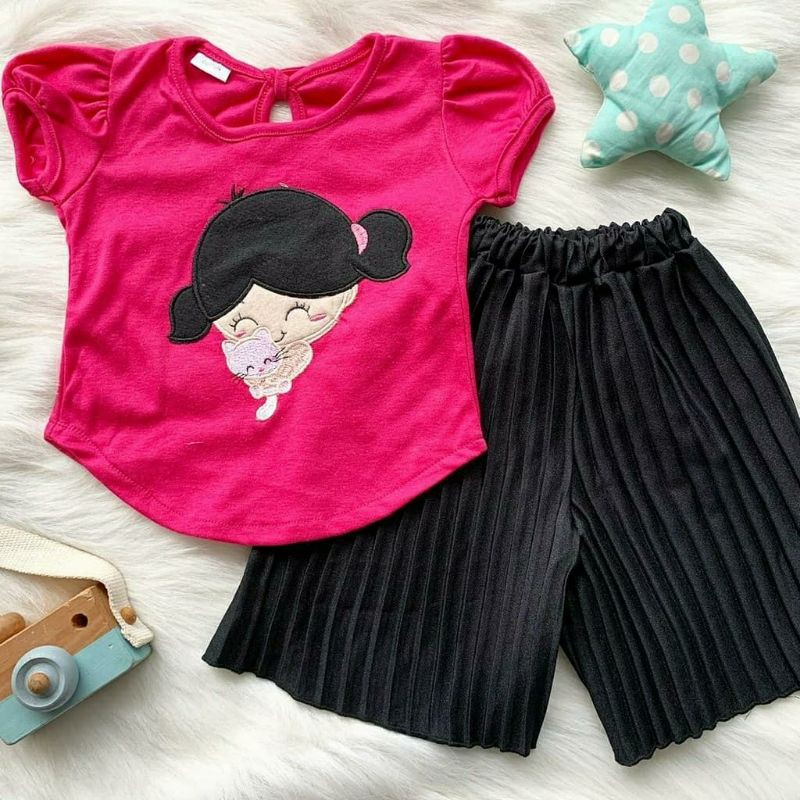 lovely girls pleats kulot set pink fanta