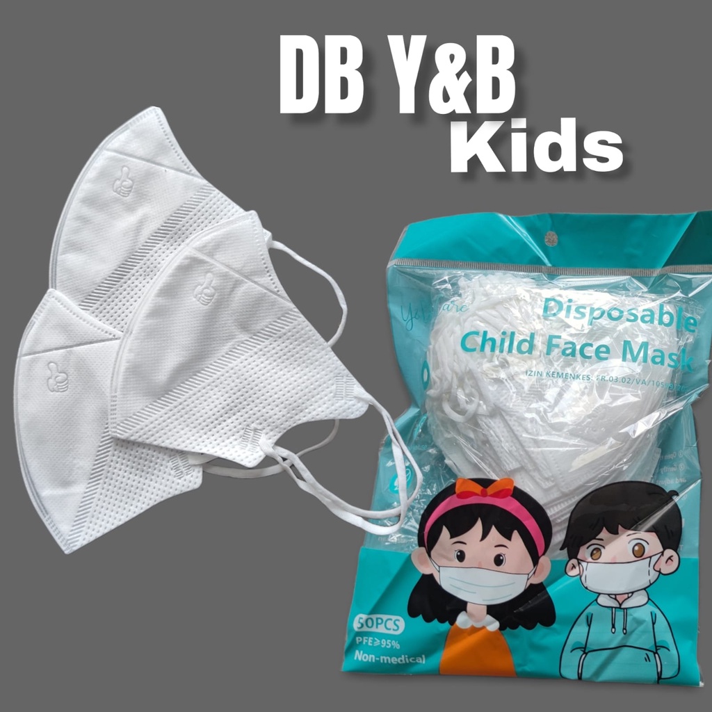 YB KIDS DUCKBILL GARIS ISI 50 PC - MASKER DUCKBILL Y&amp;B CARE ANAK EMBOS THUMB JEMPOL KOREAN BRANCH 3PLY KEMENKES PUTIH HITAM ABU WARNA