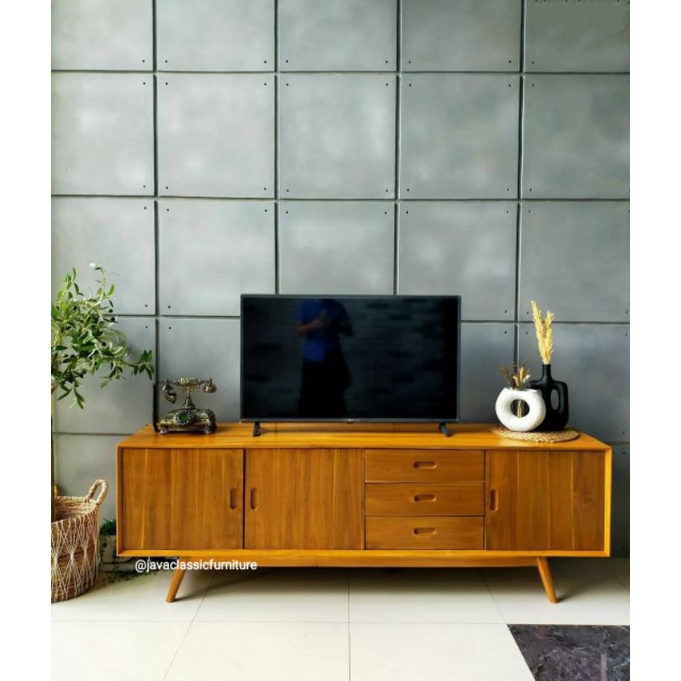BUFET TV CABINET RETRO MINIMALIS VINTAGE CUSTOM PANJANG 2 METER BUFFET DRAWER PAJANGAN RUANG TAMU NATURAL MURAH BAHAN KAYU JATI GRADE A FURNITURE JEPARA