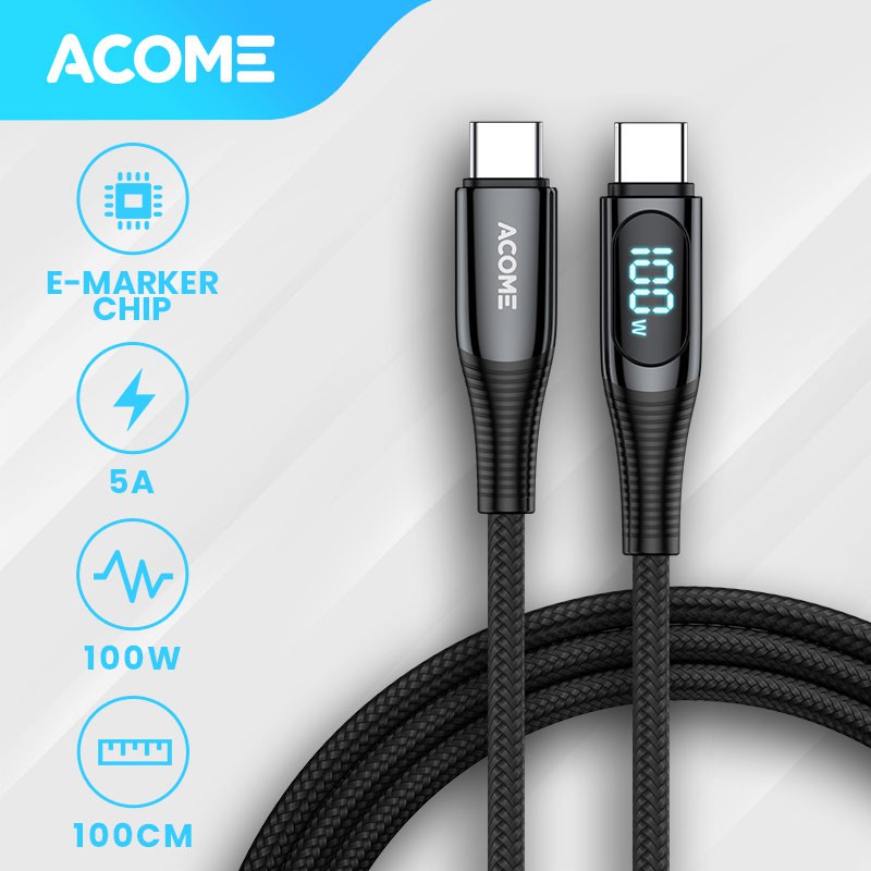 ACOME Kabel Data 100cm C To C 100W Fast Charging 5A Smart LED Display Garansi Resmi 1 Tahun APD100