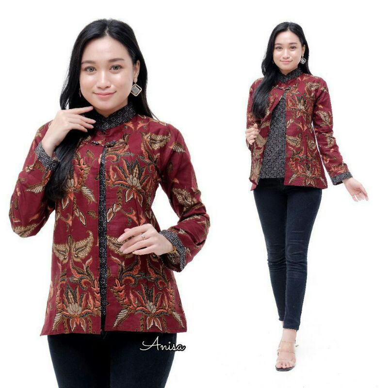 tey-17 Batik Wanita ASJ SA HRB026 Kenongo Kemeja Tosca Pendek-Blues Kombi Merah