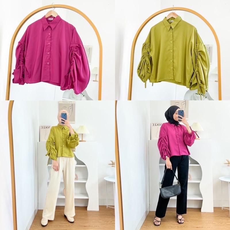 Kemeja Tangan Serut Katun Toyobo Premium Ld 130cm Panjang 56cm Oversize Shirt Hitz Kekinian Wanita A