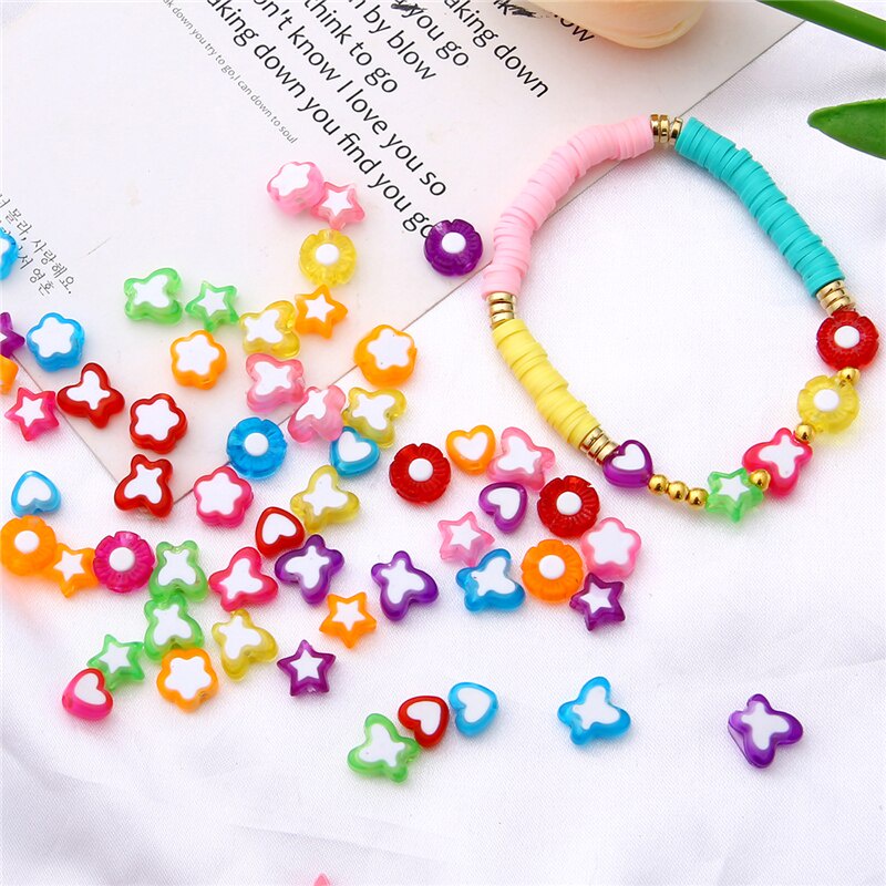 50-80Pcs Beautiful Mixing Color Acrylic Beads for Jewelry Making DIY , Stars, Flowers, Butterflies, Heart Shapes