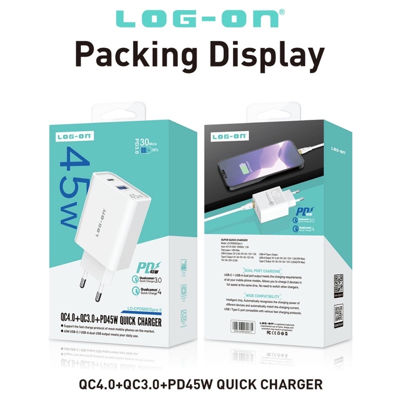 BATOK CHARGER LOG ON LO-CPD600 / GPRO II PD45W+QC4.0+QC3.0 QUICK CHARGER DUAL PORT
