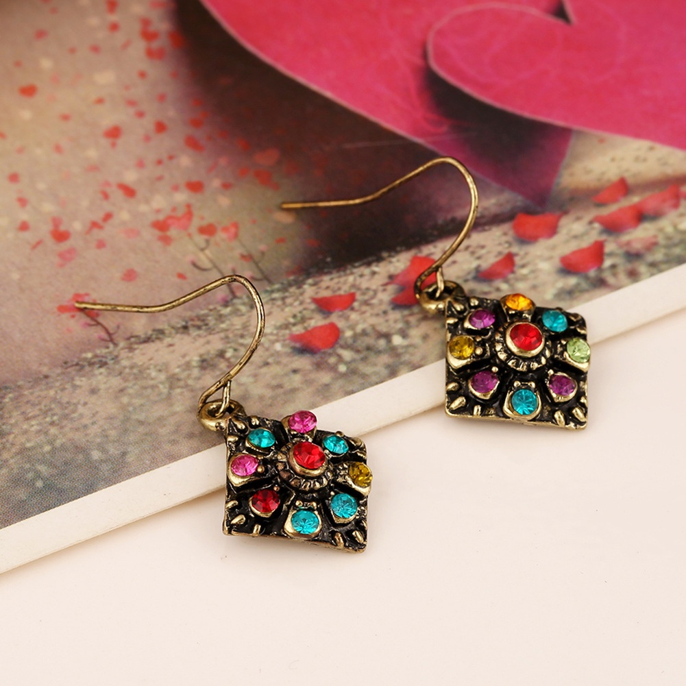 Hu Hu Hu Hu Hu Alat Bantu Pasang Kacamata♡ Anting Kait Gantung Wanita Desain Belah Ketupat Hias Berlian Imitasi Warna Warni Gaya Bohemian Untuk Pesta