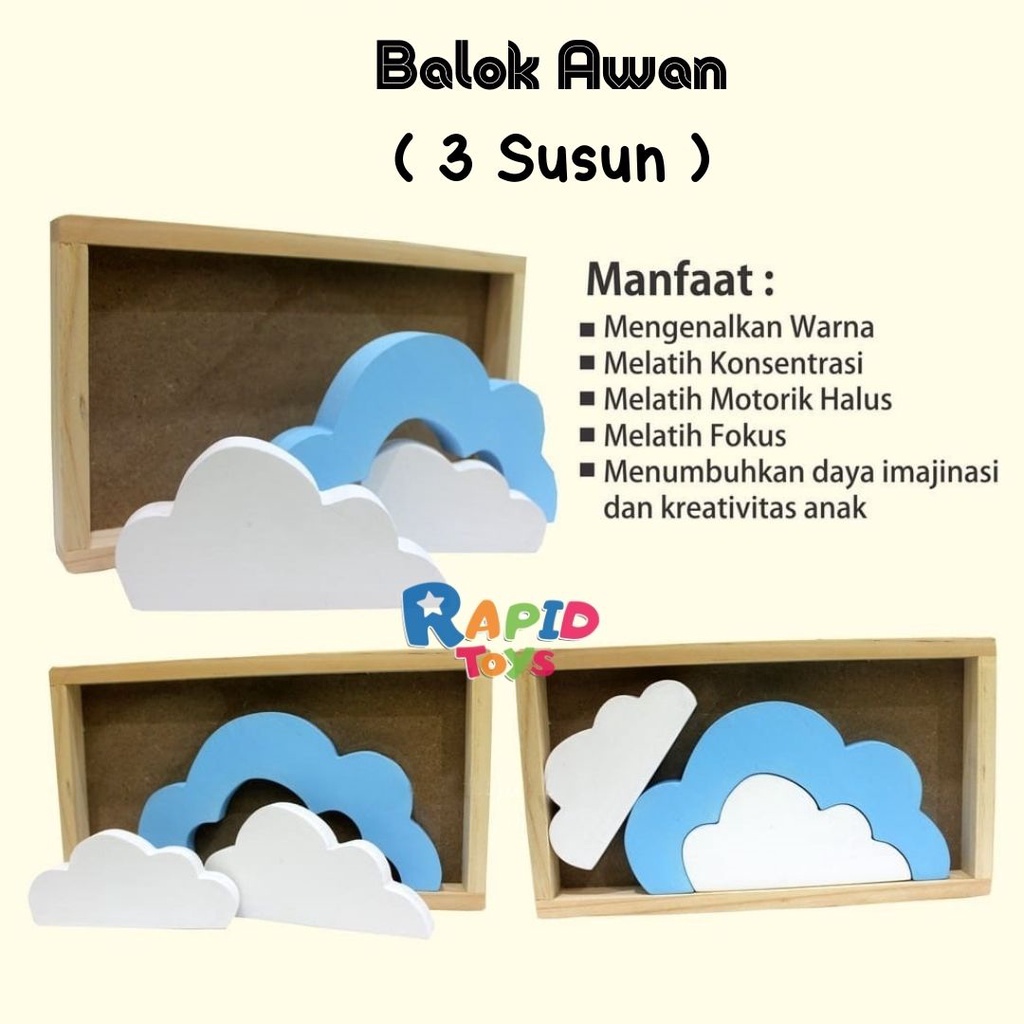 Mainan Edukasi Kayu Balok pelangi/ Menara Pelangi/ Balok Awan/ Balok Matahari/ Balok Bintang/ Balok Bulan/ Balok Iqro Terlengkap