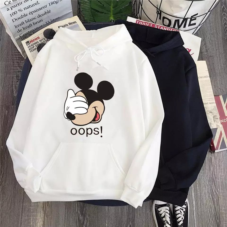 Sweater Hoodie Wanita Oops Mickey Sweater Fleece Lucu Kartun Tangan Panjang Hangat-1