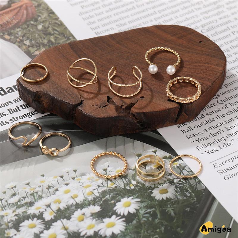 10 Buah Set Wanita Kreatif Sederhana Manik-manik Ganda Cincin Gabungan Geometri Gelombang Mutiara - AG2