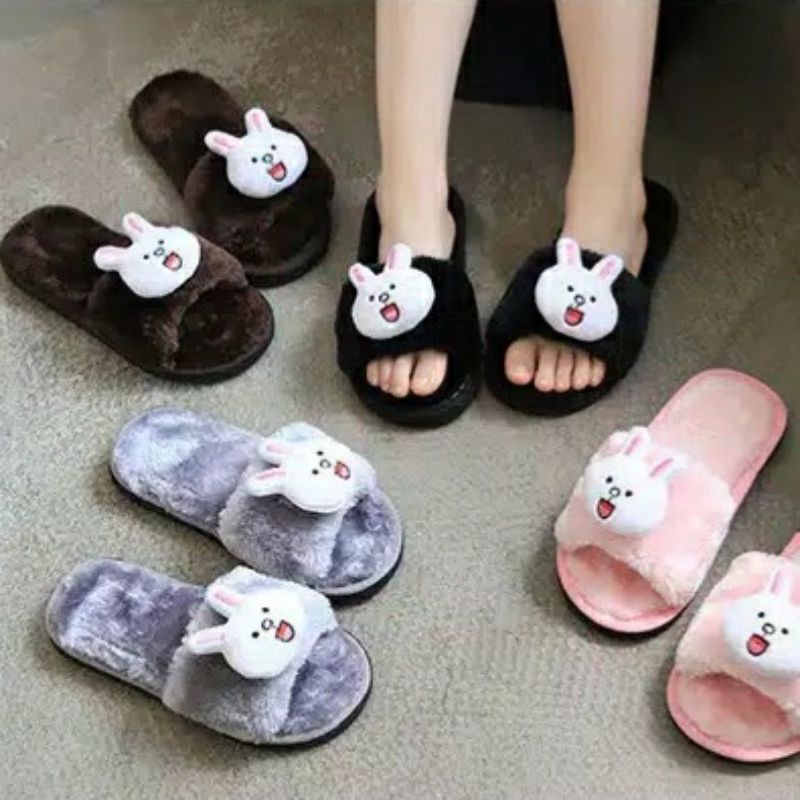 sandal wanita slop bulu boneka rabit sandal slop wanita terpopuler