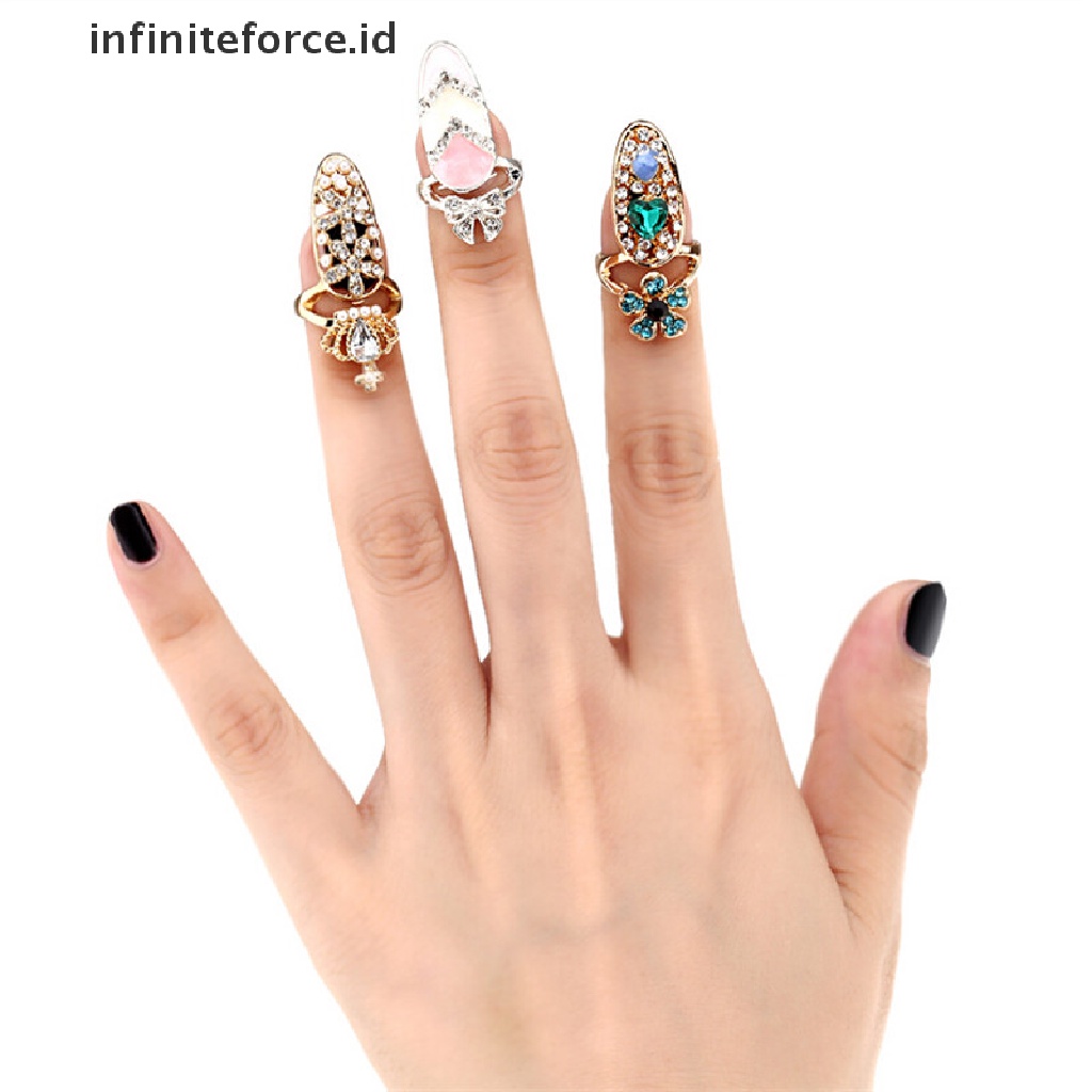 Infiniteforce.id Cincin Kuku Motif Mahkota + Bunga Aksen Kristal Untuk Perhiasan Wanita