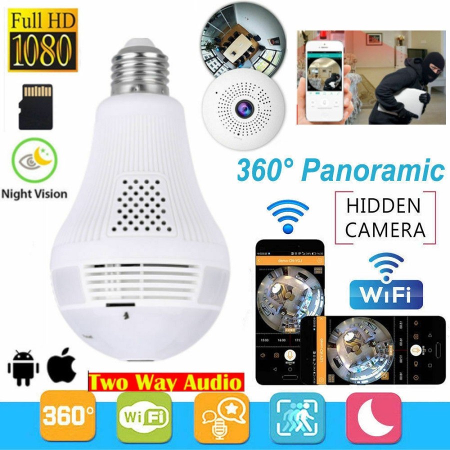 Lampu Wifi Kamera Bulb IP Tersembunyi Keamanan Panoramic CCTV Spy Cam