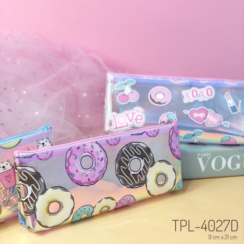 pouch tempat pensil mika kilat donat muffin avocado pouch kotak pensil mika hologram