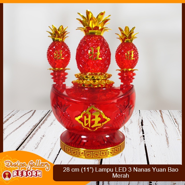 Lampu Sembahyang Altar LED Merah 3 Nanas + Yuan Bao 28cm