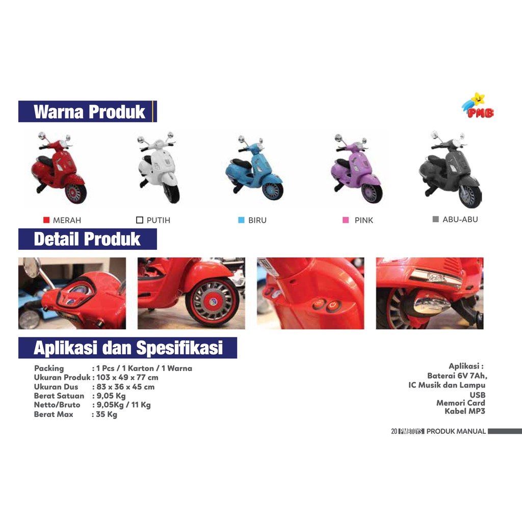 Motor Aki Anak VESPA VESTIC PMB M288 Mainan Motor Anak