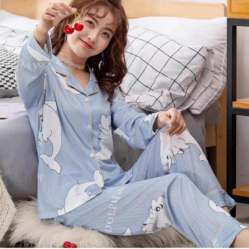 Premium Class% DAILYLOOK SET BAJU TIDUR PIYAMAIMPORT LENGAN PANJANG KANCING DOLPHIN SWAN SNOOPY マ