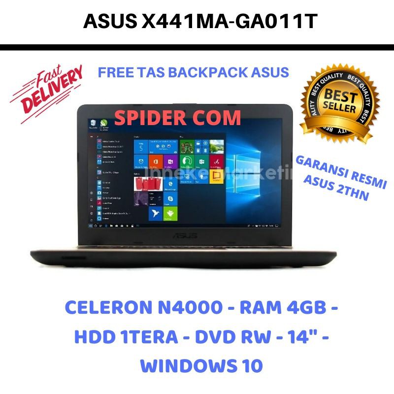 ASUS X441MA-GA011T N4000 / 4GB-HDD / 1TB / WINDOWS 10 / LYAR 14" / DVD RW / GARANSI RESMI ASUS 2THN