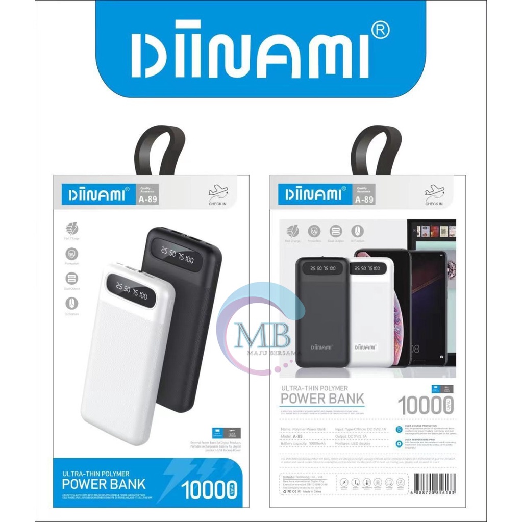 PowerBank DIINAMI  10000mah A89 2.1A Dual Input Port Type C &amp; Micro USB Original Fast Charging Real Capacity GARANSI 1 TAHUN MB3797