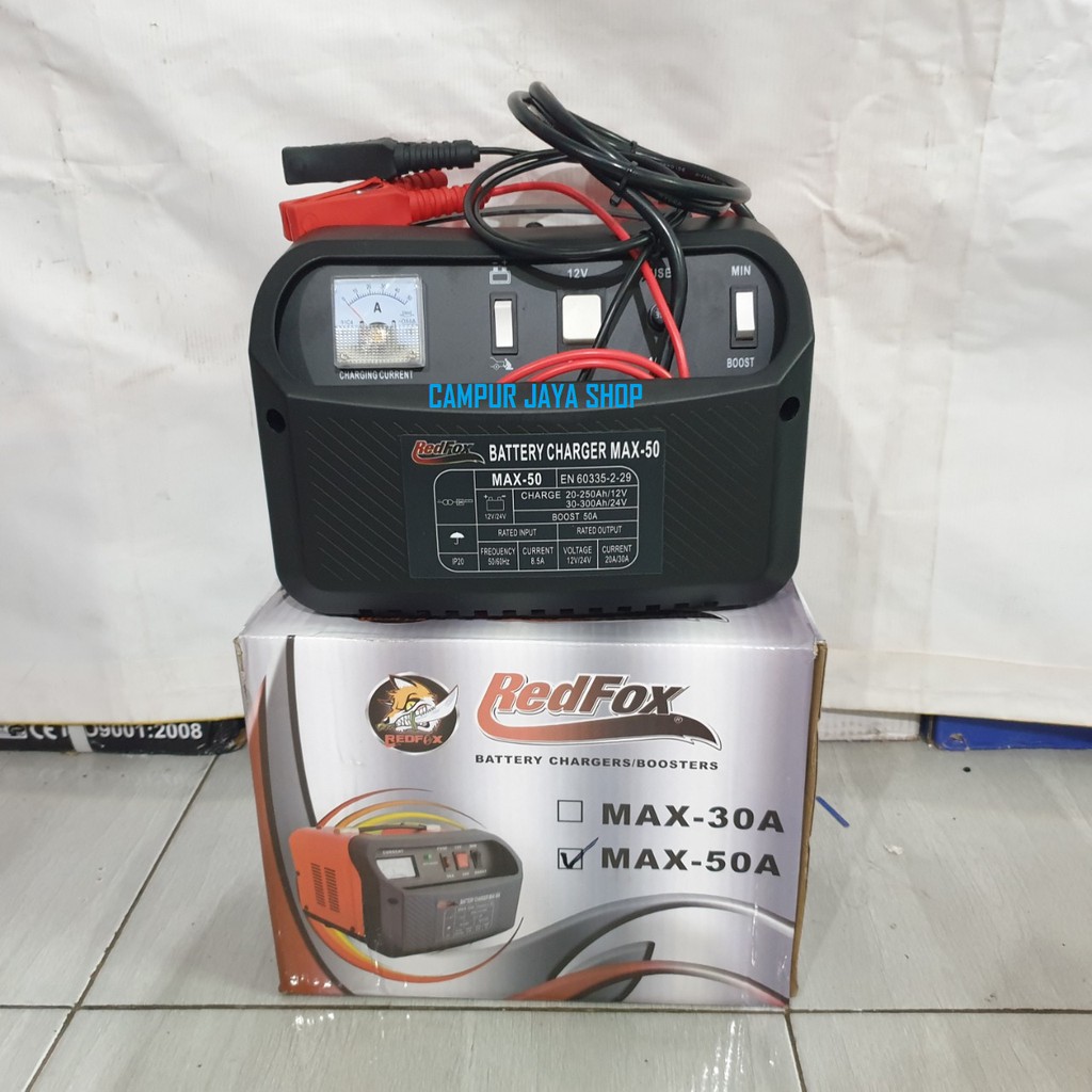 CHARGER CAS AKI REDFOX 50 AMPERE ACCU MOBIL MOTOR BATTERY BATERAI