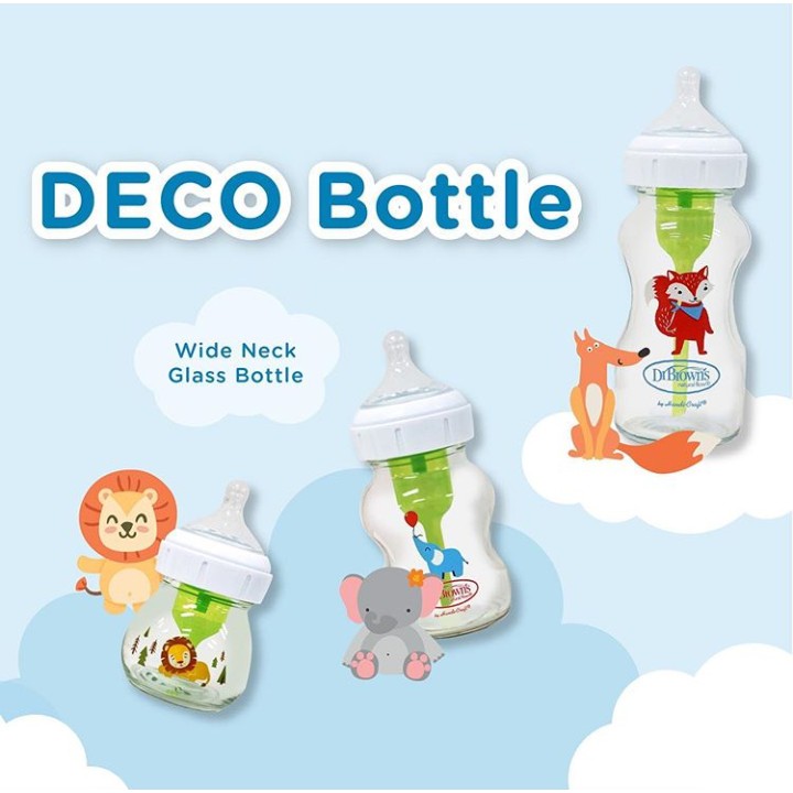 Dr. Brown's Glass Wide Neck Options+ Bottle with Cartoon Deco / Botol Susu Kaca