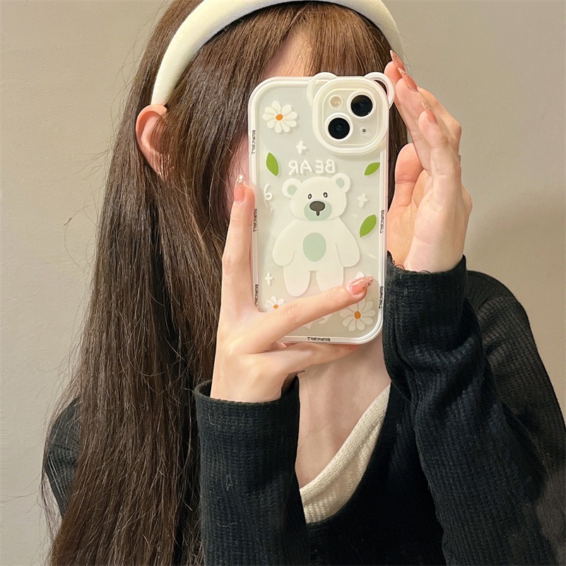 Soft Case Silikon Motif Kartun Beruang Putih Untuk Compatible for iPhone 14 13 12 11 Pro Max X Xr Xs Max SE 2020 iPhone 8 7 6 6s Plus Cute Cartoon Broken Flower Little White Bear Phone Case Bear Lens All-inclusive Silicone Phone Cover