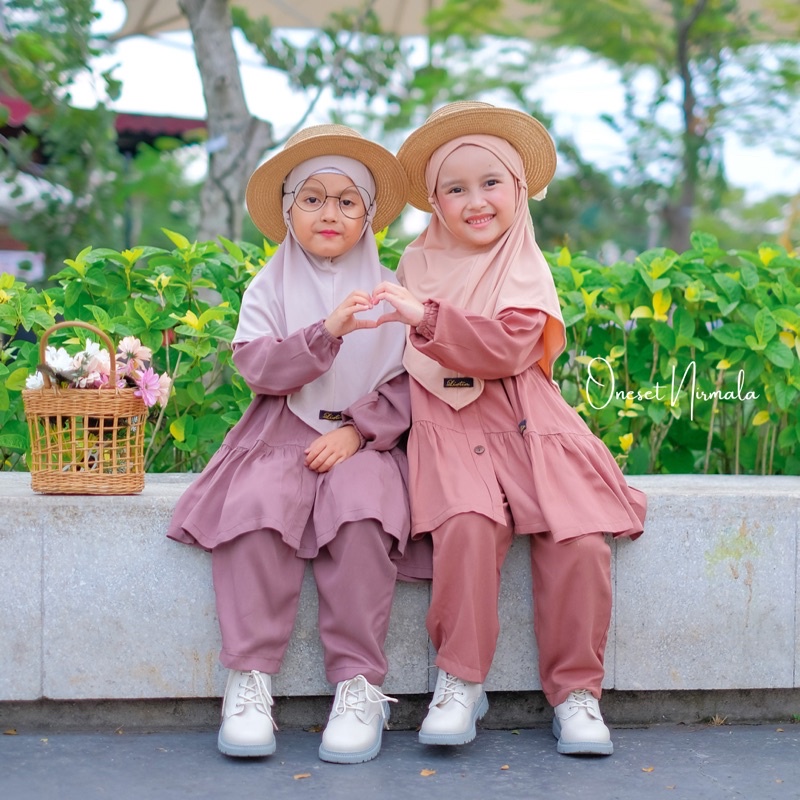 One set Anak NIRMALA- Setelan celana anak perempuan rayon polos 1 2 3 4 5 6 7 8 9 10 tahun Paud SD murah premium by listiaforkids