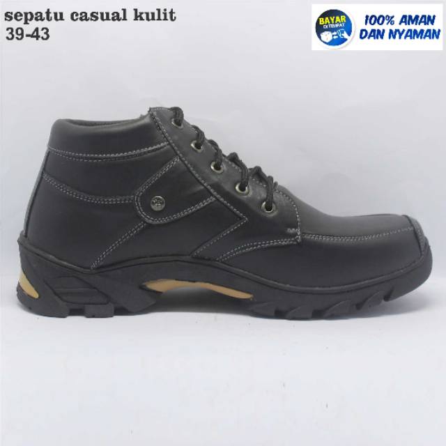 Sepatu boots casual hitam pria kulit sapi asli utk hangout touring hiking muncak satpam kichen spbu