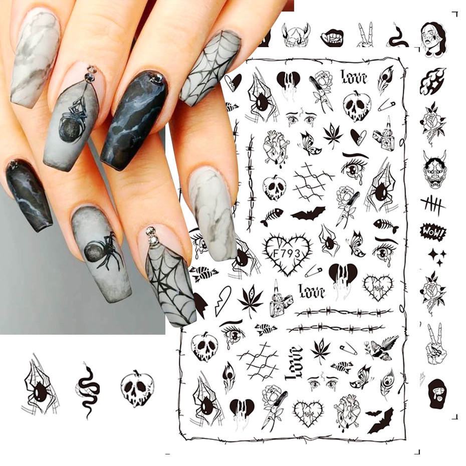 Stiker Kuku Motif Jaring Laba-Laba / Tengkorak Halloween Untuk Dekorasi Nail Art DIY