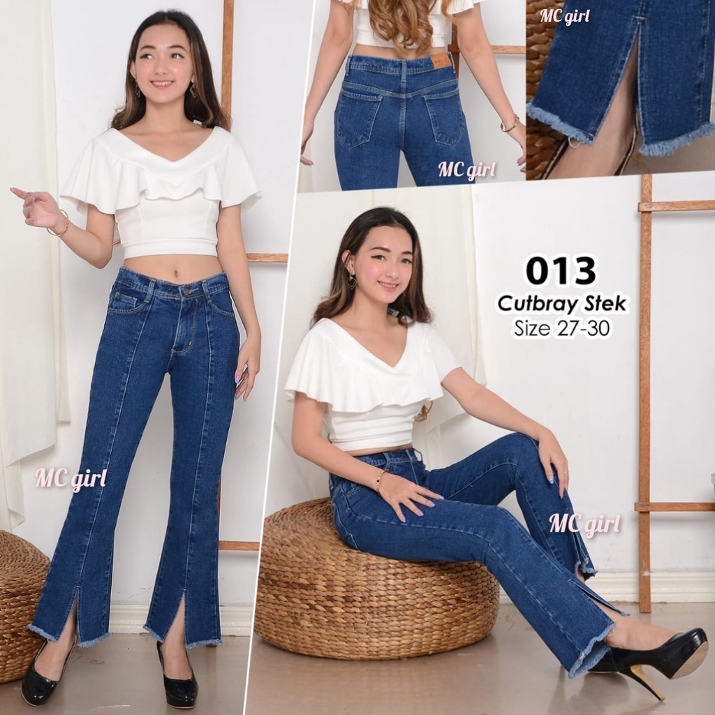 MC girl - Celana Jeans Premium Non-Stretch Cutbray Tulang Belah Bawah Rawis Wanita / Cutbrai Garis Belah Depan Cewek / Cutbrey Stek Belah Tengah / Cutbrei Rumbai / Celana Jeans Kaki Lebar