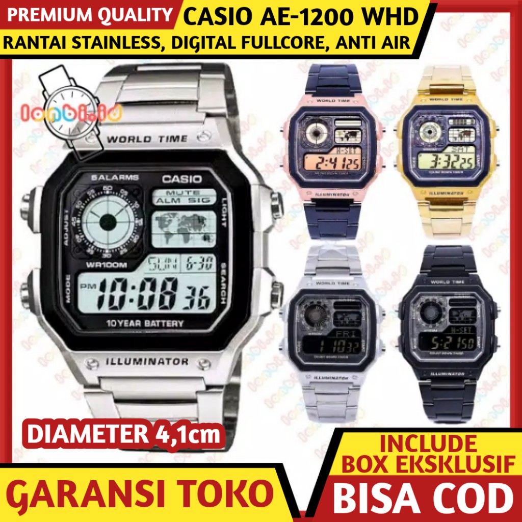 JAM TANGAN CASIO AE1200 AE1200 WHD DIGITAL RANTAI STAINLESS PRIA COWOK