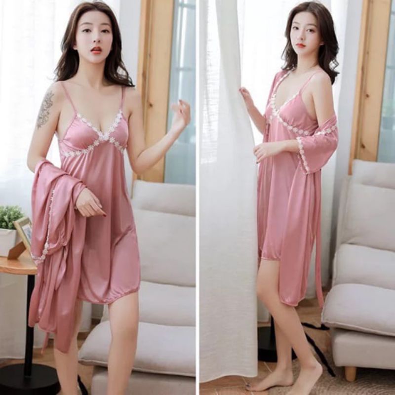 Lover Fashion Kimono Lingerie Renda Luar Dalam( Jumbo XL )-Dusty pink