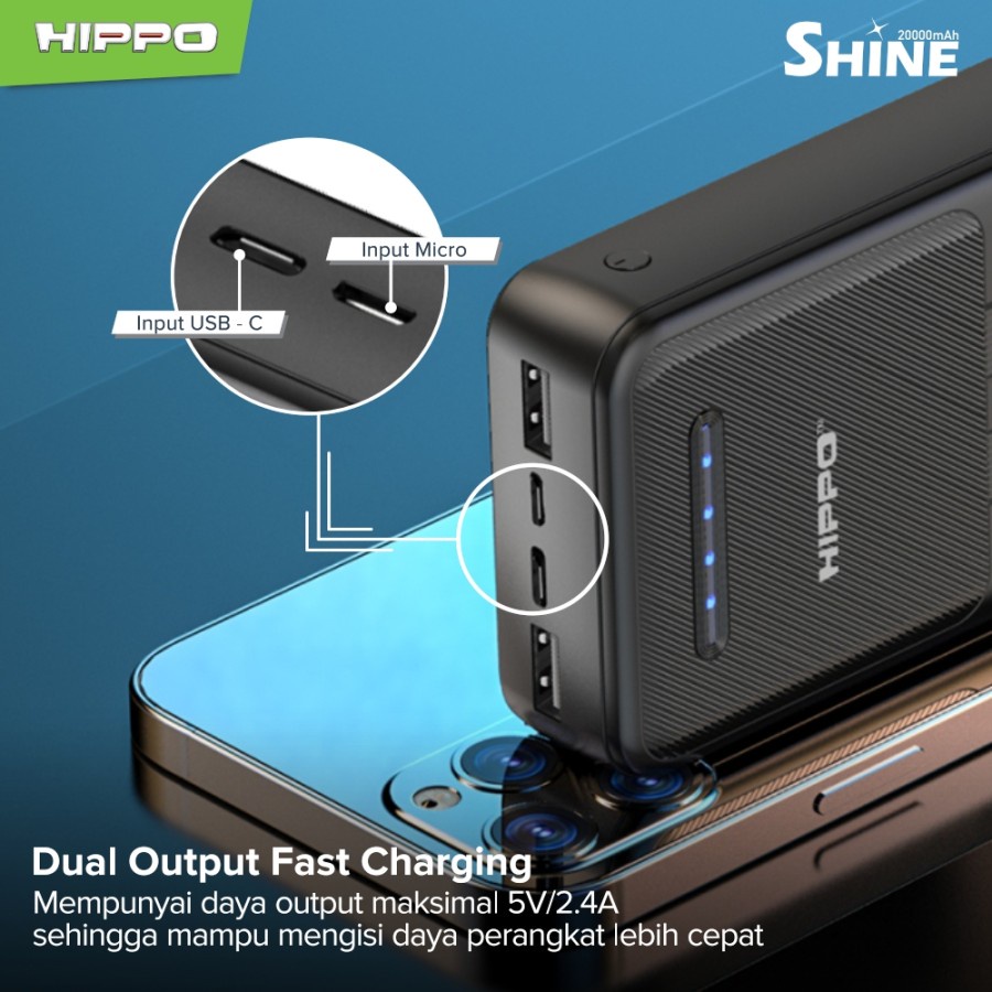 Hippo Power Bank Shine 20000 mAh 2 Port Dual USB Output 2.4A Powerbank 20000mAh Original Ori