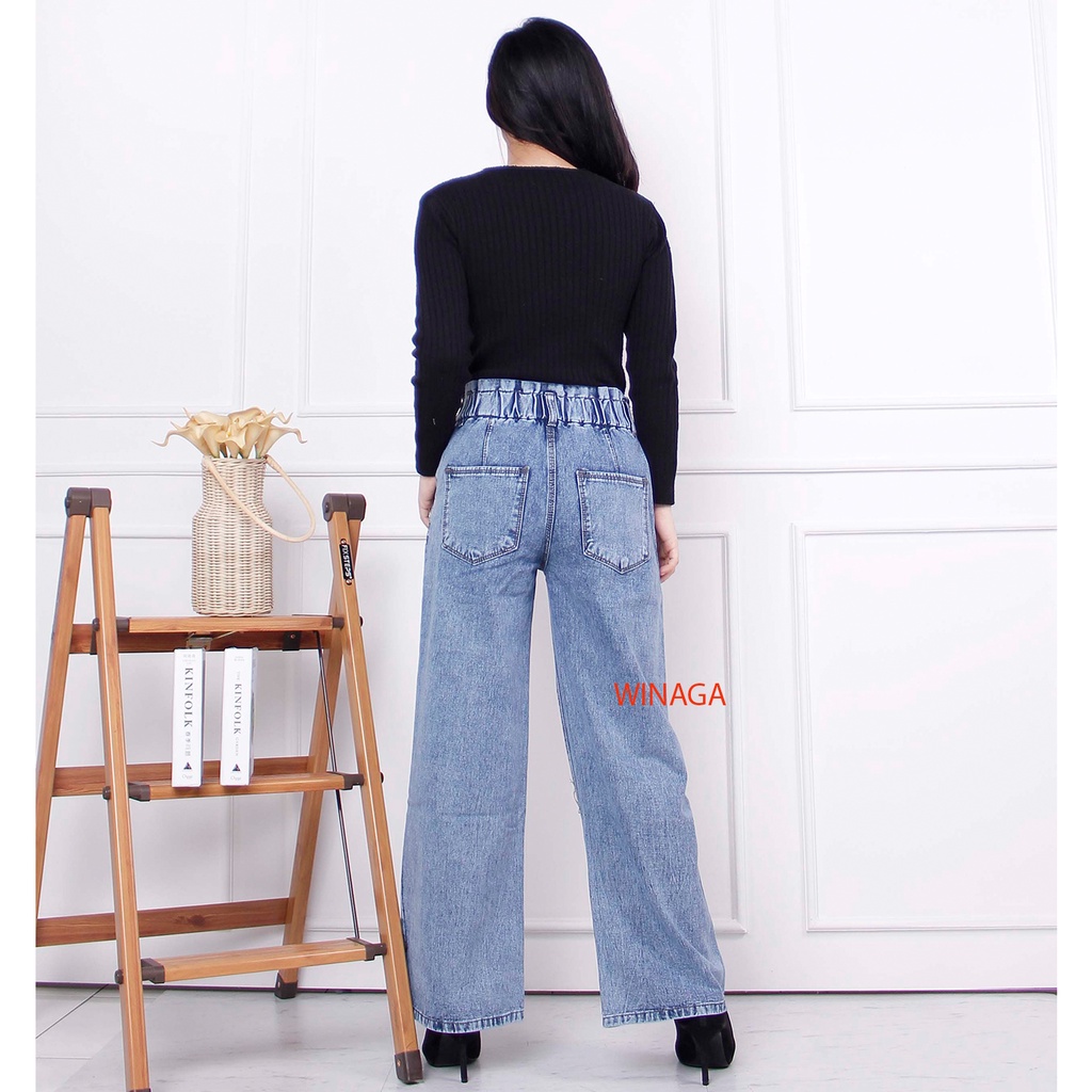 WINAGA- HighWaist Kulot Ban Karet Kancing 2 Jeans | Kulot Ban 2 Karet Jeans | Celana Panjang Kulot | Basic Denim | Denim Jeans