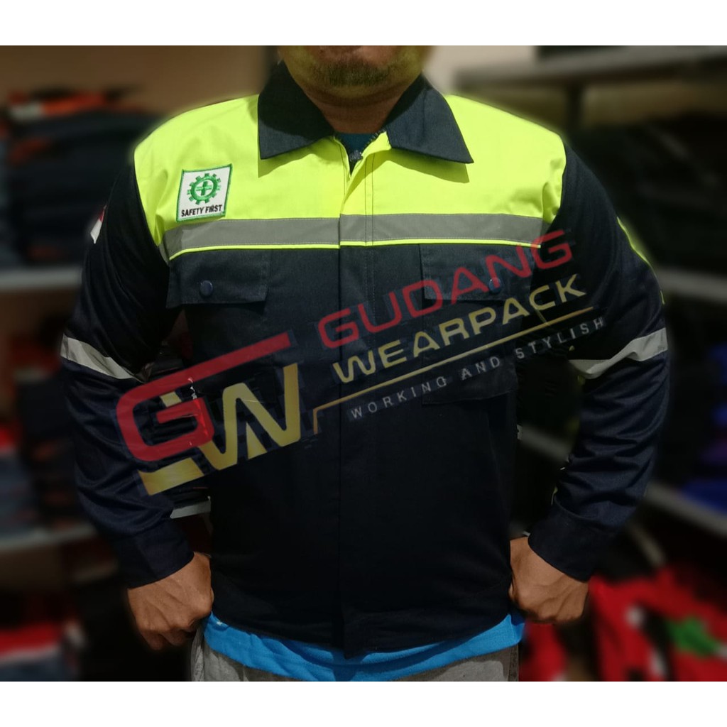 Star Wearpack - Baju Kerja Lapngan Lengan Panjang Warna Dongker Kombinasi Stabilo