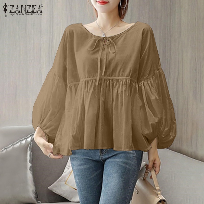 ZANZEA Women Full Sleeved Plus Size S-5XL Blouse Loose Drawstring Shirts