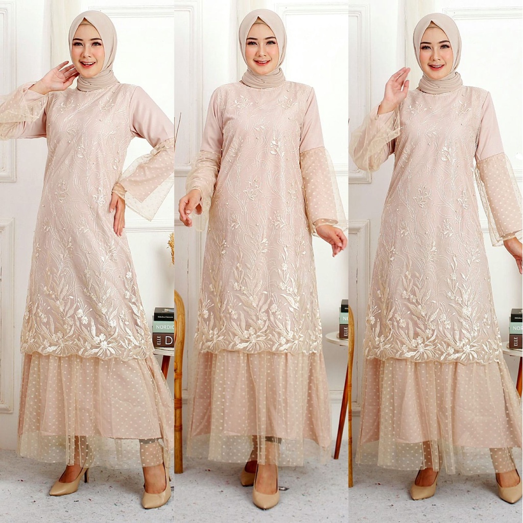 Gamis Bilqis Brukat Tile Mix Tille Dotty Maxi Dress Fashion Muslim Mewah Pesta Kondangan Murah