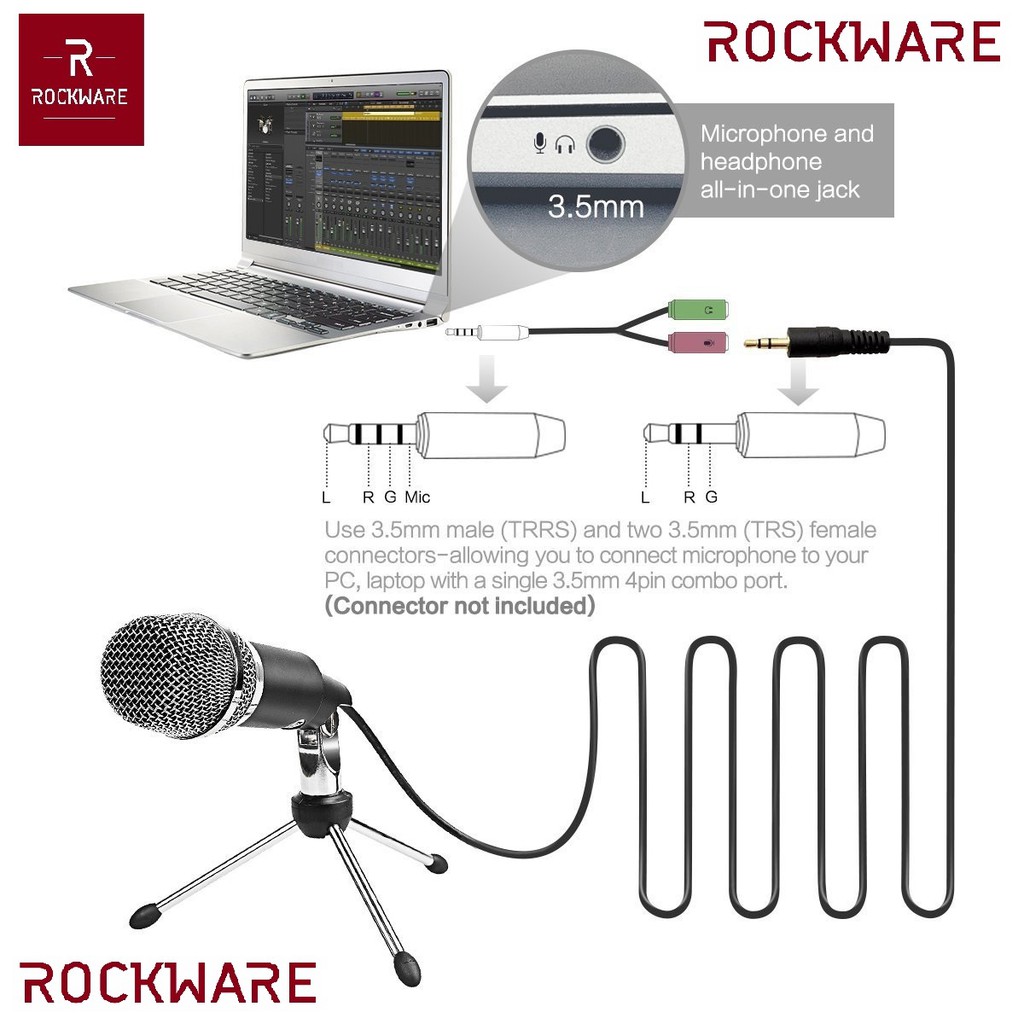 ROCKWARE Professional Condenser Microphone 3.5mm with Mini Tripod - Mikrofon Universal PC/Laptop