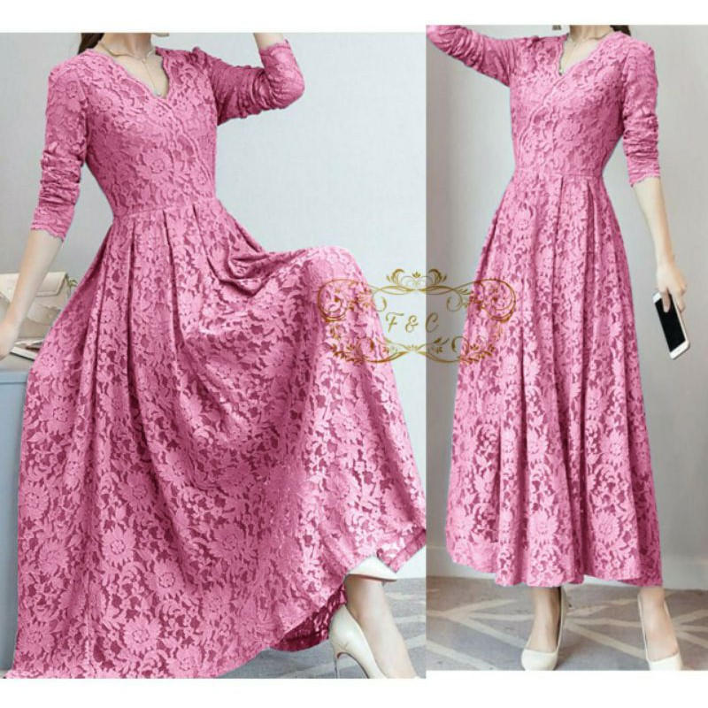 PCS DRESS CASSIE BAHAN BRUKAT LAPIS FURING PAKAIAN WANITA MAXI GAMIS MAXY FE 2 UKURAN L XL