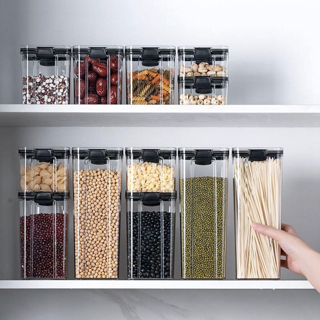 [Elegan] Food Canister Kitchen Grain Kedap Udara Stackable Dengan Tutup Plastik Organizer Kaleng Tetap Segar Toples