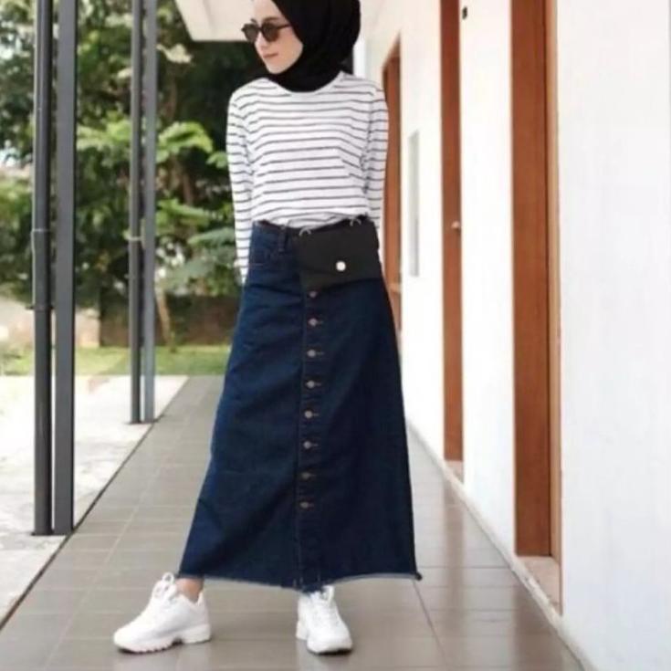 Ready Surprise Rok Jeans Button Panjang Wanita Kancing Depan Button Rok Denim Lepis Warna Skirt Rok