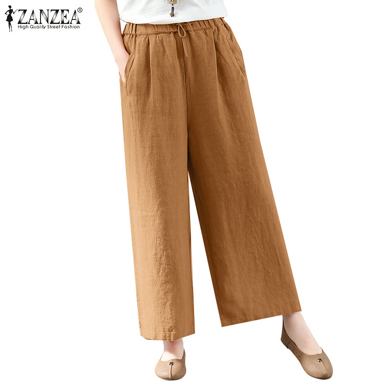 ZANZEA Women Casual Elastic Waist Loose Wide Leg Solid Color Long Pants