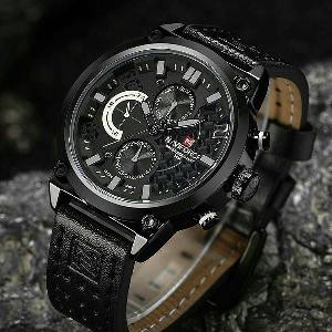 JAM TANGAN NAVIFORCE NF9068M CHRONO AKTIF LEATHER BLACK GREY  WATERPROF Murah