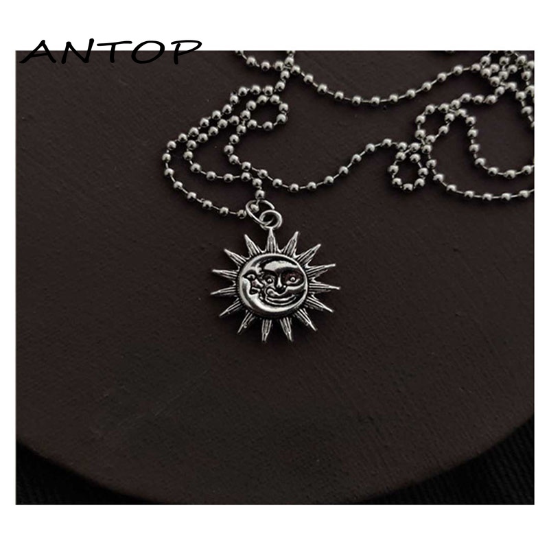 1 PC Perak Fashion Kalung Retro Sun Smiley Liontin Kalung Unisex Aksesoris Mode ANTOP